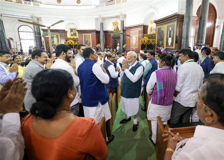 PM meets the members of Parliament at the Central Hall of the old Parliament building, in New Delhi on September 19, 2023.