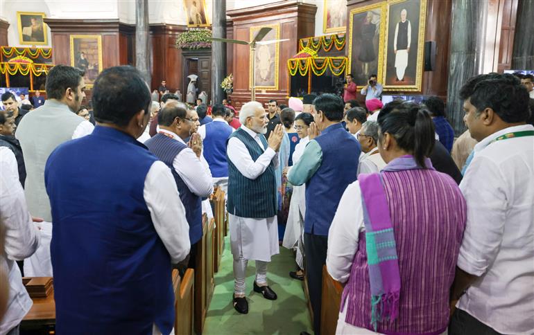 PM meets the members of Parliament at the Central Hall of the old Parliament building, in New Delhi on September 19, 2023.