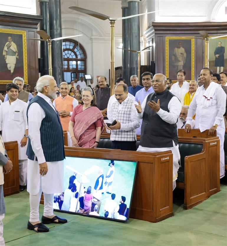 PM meets the members of Parliament at the Central Hall of the old Parliament building, in New Delhi on September 19, 2023.