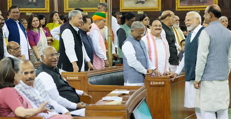 PM meets the members of Parliament at the Central Hall of the old Parliament building, in New Delhi on September 19, 2023.