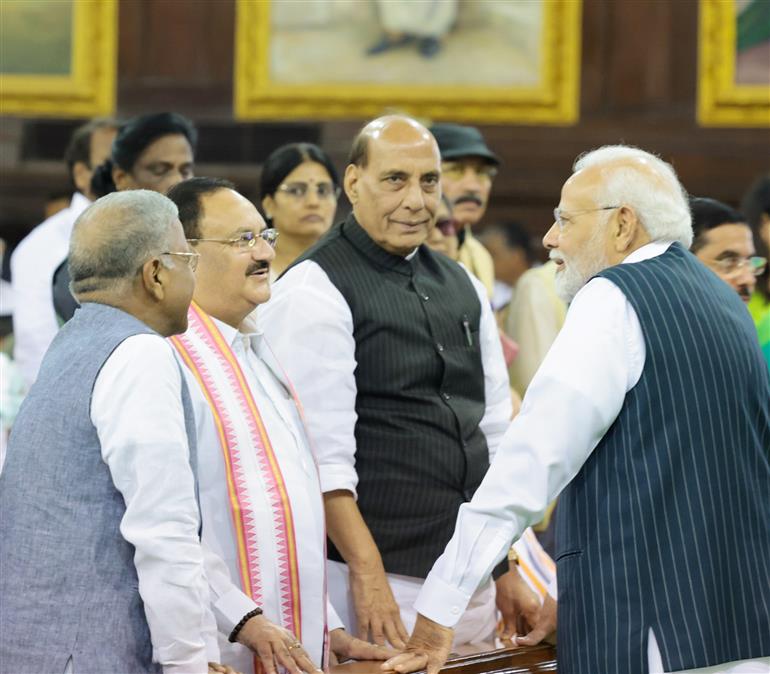 PM meets the members of Parliament at the Central Hall of the old Parliament building, in New Delhi on September 19, 2023.