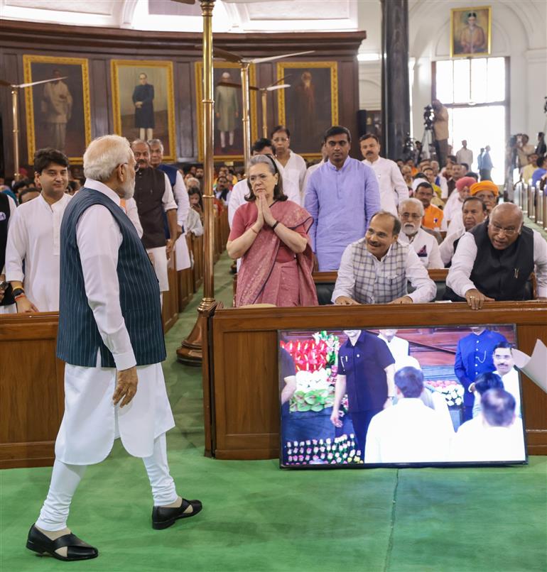 PM meets the members of Parliament at the Central Hall of the old Parliament building, in New Delhi on September 19, 2023.