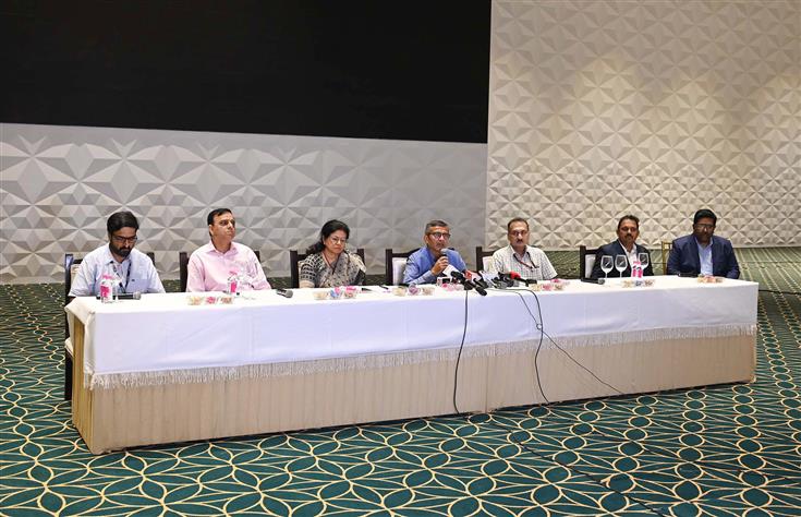 The Secretary, DPIIT, Shri Rajesh Kumar Singh and the Special Secretary, DPIIT, Ms. Sumita Dawra interacting with Media at India International Convention and Expo Centre (Yashobhoomi), in New Delhi on September 19, 2023.