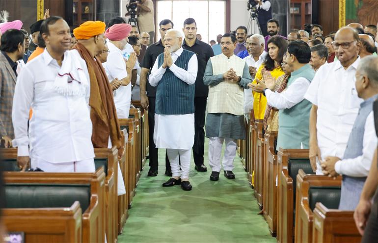 PM meets the members of Parliament at the Central Hall of the old Parliament building, in New Delhi on September 19, 2023.