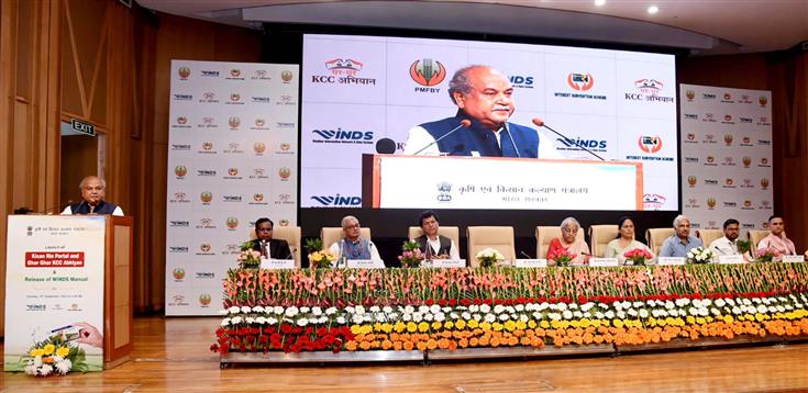 The Union Minister for Agriculture and Farmers Welfare, Shri Narendra Singh Tomar addressing at the launch of Ghar Ghar KCC Abhiyan, Kisan Rin Portal and Weather Information Network Data Systems (WINDS) manual, in New Delhi on September 19, 2023.