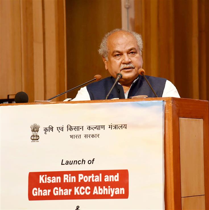 The Union Minister for Agriculture and Farmers Welfare, Shri Narendra Singh Tomar addressing at the launch of Ghar Ghar KCC Abhiyan, Kisan Rin Portal and Weather Information Network Data Systems (WINDS) manual, in New Delhi on September 19, 2023.