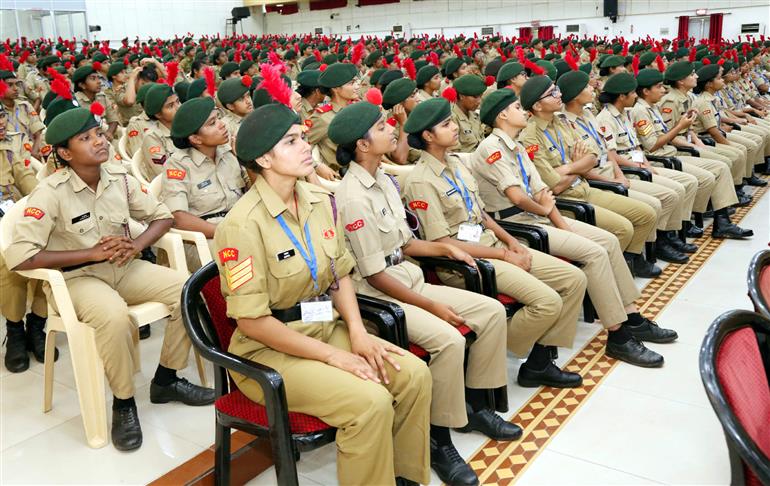 DG NCC Lt. General Gurbirpal Singh addressing the gathering after formally inauguration of the All India Thal Sainik Camp at the Cariappa Parade Ground, in Delhi Cantt on September 20, 2023.