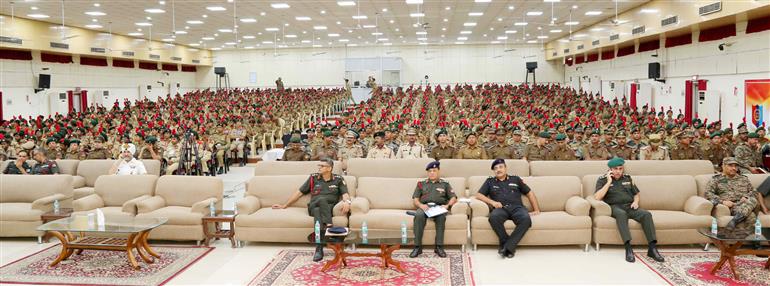 DG NCC Lt. General Gurbirpal Singh addressing the gathering after formally inauguration of the All India Thal Sainik Camp at the Cariappa Parade Ground, in Delhi Cantt on September 20, 2023.