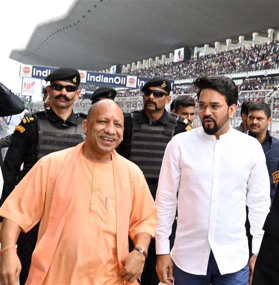 The Union Minister for Information & Broadcasting, Youth Affairs and Sports, Shri Anurag Singh Thakur, the Union Minister for Petroleum & Natural Gas, Housing and Urban Affairs, Shri Hardeep Singh Puri and the Chief Minister of Uttar Pradesh, Yogi Adityanath at the MotoGP Grand Prix 2023 in Buddh International Circuit, Greater Noida on September 24, 2023.