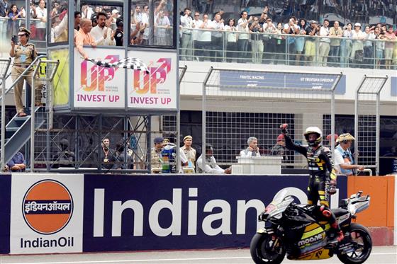 The Union Minister for Information & Broadcasting, Youth Affairs and Sports, Shri Anurag Singh Thakur, the Union Minister for Petroleum & Natural Gas, Housing and Urban Affairs, Shri Hardeep Singh Puri and the Chief Minister of Uttar Pradesh, Yogi Adityanath at the MotoGP Grand Prix 2023 in Buddh International Circuit, Greater Noida on September 24, 2023.