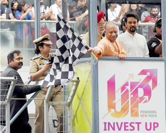 The Union Minister for Information & Broadcasting, Youth Affairs and Sports, Shri Anurag Singh Thakur, the Union Minister for Petroleum & Natural Gas, Housing and Urban Affairs, Shri Hardeep Singh Puri and the Chief Minister of Uttar Pradesh, Yogi Adityanath at the MotoGP Grand Prix 2023 in Buddh International Circuit, Greater Noida on September 24, 2023.