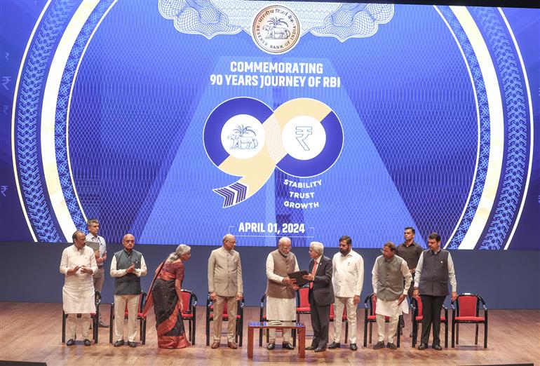 PM attends the commemoration ceremony of 90 years of the Reserve Bank of India at Mumbai, in Maharashtra on April 01, 2024.