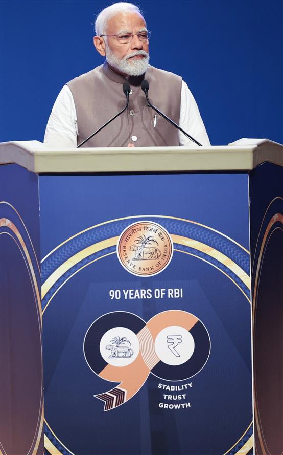 PM addressing at the commemoration ceremony of 90 years of the Reserve Bank of India at Mumbai, in Maharashtra on April 01, 2024.