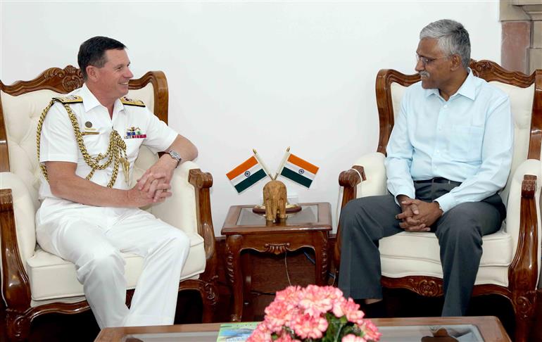 The Chief of the Royal Australian Navy Vice Admiral Mark Hammond calling on the Defence Secretary, Shri Giridhar Aramane, in New Delhi on April 03, 2024.