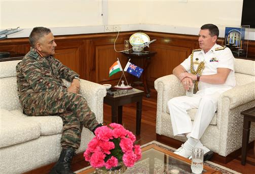 The Chief of the Royal Australian Navy Vice Admiral Mark Hammond calling on the Chief of Defence Staff General Anil Chauhan, in New Delhi on April 03, 2024.