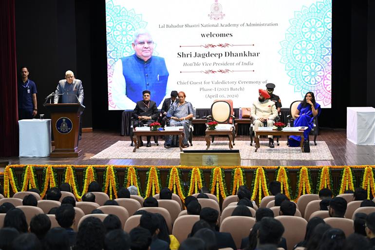 The Vice President of India and Chairman, Rajya Sabha, Shri Jagdeep Dhankhar addressing the 2023 Batch of IAS Officer Trainees at Lal Bahadur Shastri National Academy of Administration, Mussoorie in Dehradun, Uttarakhand on April 05, 2024.