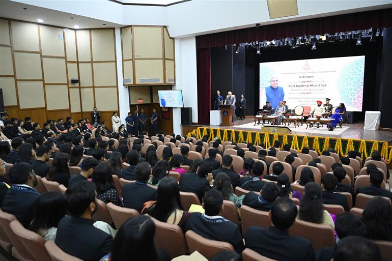 The Vice President of India and Chairman, Rajya Sabha, Shri Jagdeep Dhankhar addressing the 2023 Batch of IAS Officer Trainees at Lal Bahadur Shastri National Academy of Administration, Mussoorie in Dehradun, Uttarakhand on April 05, 2024.