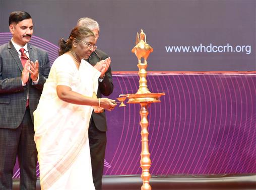 The President of India, Smt Droupadi Murmu lighting the lamp at the World Homoeopathy Day 2024 celebrations, in New Delhi on April 10, 2024.
