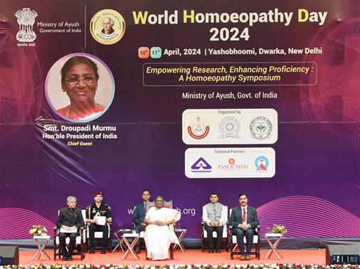 The President of India, Smt Droupadi Murmu grace the World Homoeopathy Day 2024 celebrations, in New Delhi on April 10, 2024.
