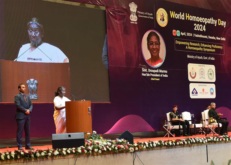 The President of India, Smt Droupadi Murmu addressing the gathering during the World Homoeopathy Day 2024 celebrations, in New Delhi on April 10, 2024.