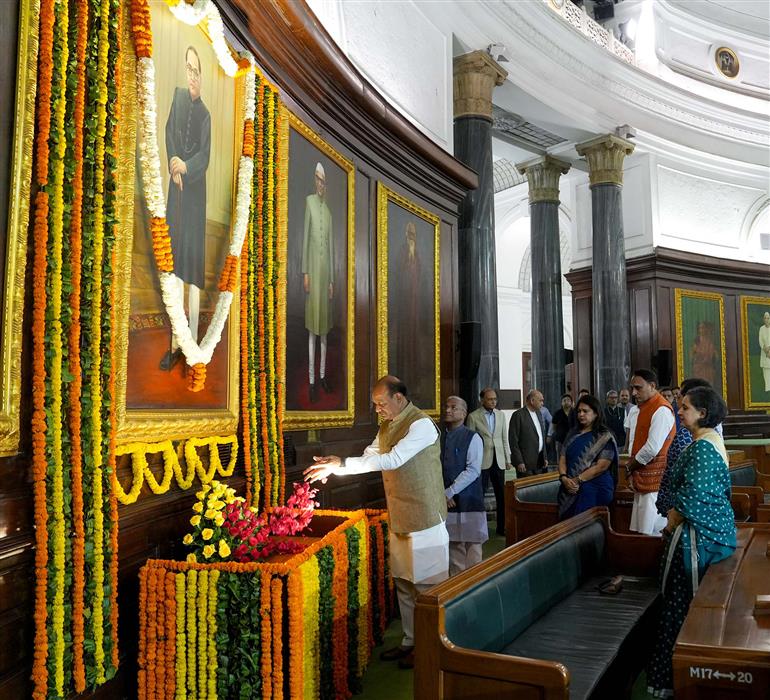 The Speaker, Lok Sabha, Shri Om Birla paying floral tributes to Babasaheb Dr. B.R. Ambedkar on the occasion of his Birth Anniversary at Central Hall of Samvidhan Sadan, in New Delhi on April 14, 2024.