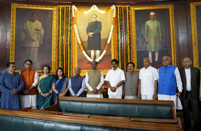 The Speaker, Lok Sabha, Shri Om Birla and other dignitaries paid tributes to Babasaheb Dr. B.R. Ambedkar on the occasion of his Birth Anniversary at Central Hall of Samvidhan Sadan, in New Delhi on April 14, 2024.