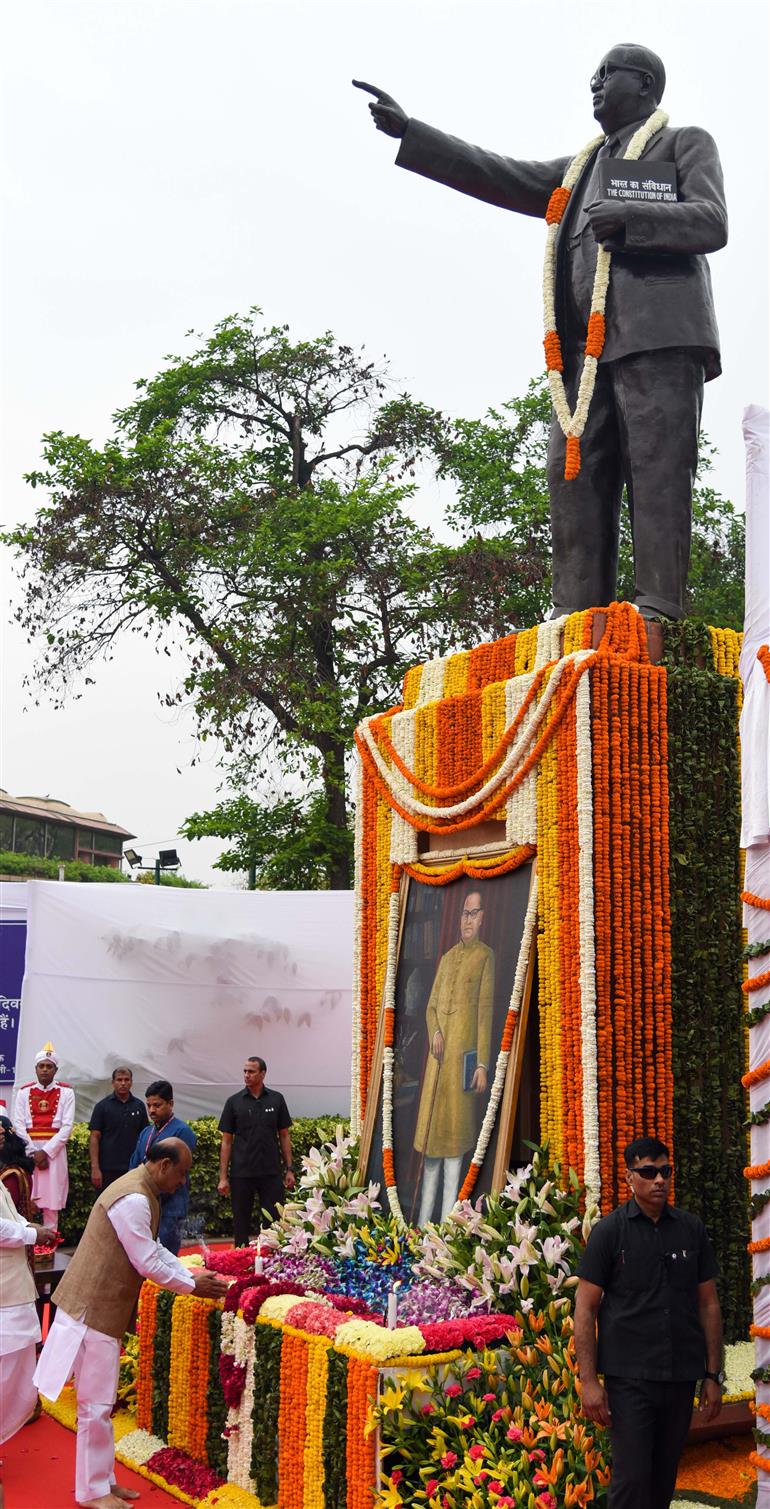 The Speaker, Lok Sabha, Shri Om Birla paying homage to Babasaheb Dr. B.R. Ambedkar on the occasion of his Birth Anniversary at Parliament House Lawns, in New Delhi on April 14, 2024.