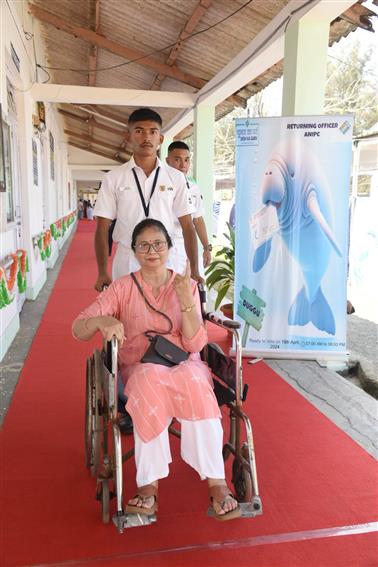 A divyang voter showing mark of indelible ink after casting her vote, at a polling booth, during the 1st Phase of General Elections-2024 at Jawaharlal Nehru Rajkeeya Mahavidyalaya Port Blair, in Andaman and Nicobar Islands on April 19, 2024.