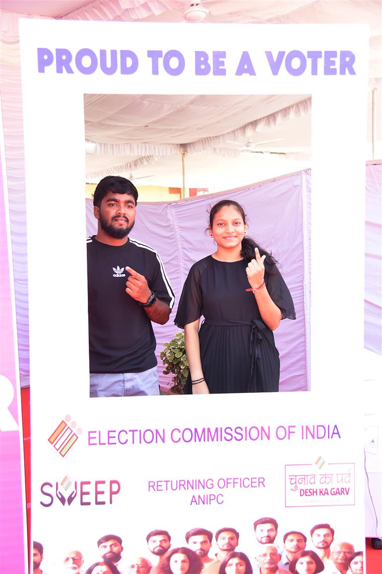 Voters showing a mark of indelible ink after casting their votes at a polling booth during the 1st Phase of General Elections-2024 at Jawaharlal Nehru Rajkeeya Mahavidyalaya Port Blair, in Andaman and Nicobar Islands on April 19, 2024.