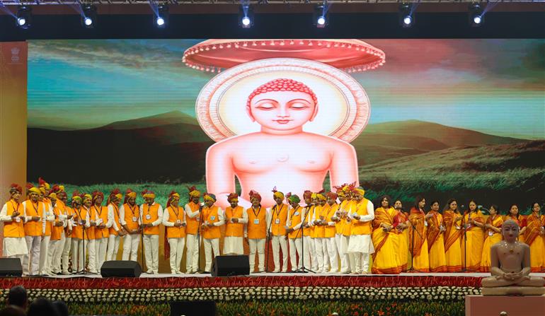 PM witnessed the cultural performance and dance drama presentation during the Commemoration of 2550th Bhagwan Mahaveer Nirvan Mahotsav on the auspicious occasion of Mahaveer Jayanti at Bharat Mandapam, in New Delhi on April 21, 2024.
