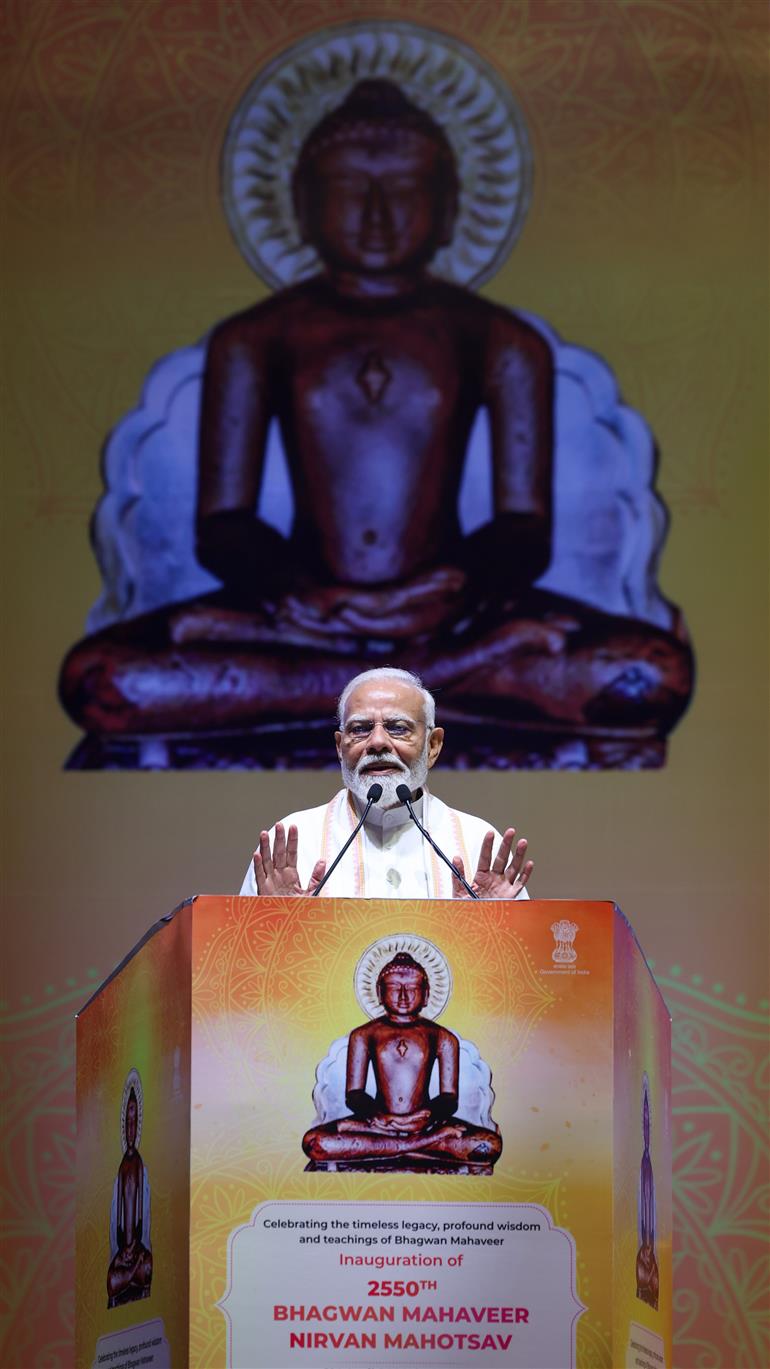 PM addressing the gathering at the Commemoration of 2550th Bhagwan Mahaveer Nirvan Mahotsav on the auspicious occasion of Mahaveer Jayanti at Bharat Mandapam, in New Delhi on April 21, 2024.