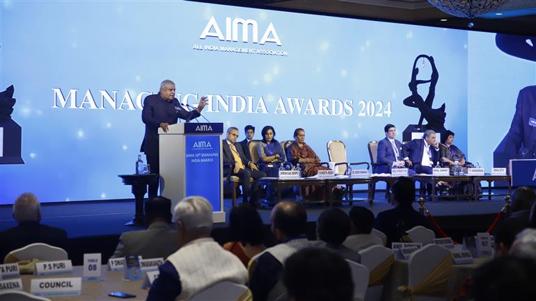 The Vice President of India and Chairman, Rajya Sabha, Shri Jagdeep Dhankhar delivering the keynote address at the 14th AIMA Managing India Awards in New Delhi on April 23, 2024.