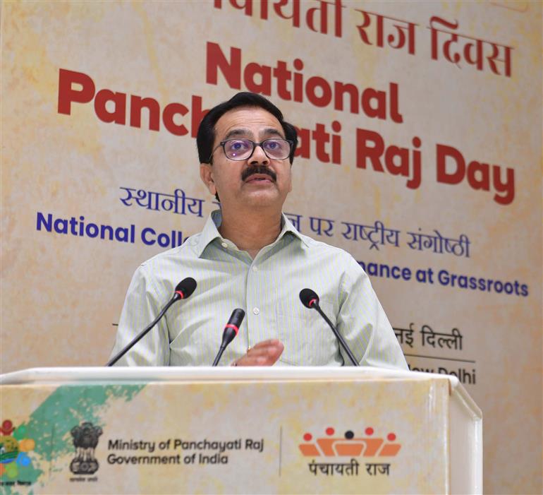 The Secretary, Ministry of Panchayati Raj, Shri Vivek Bharadwaj addressing the National Panchayati Raj Day Celebration at Vigyan Bhawan, in New Delhi on April 24, 2024.