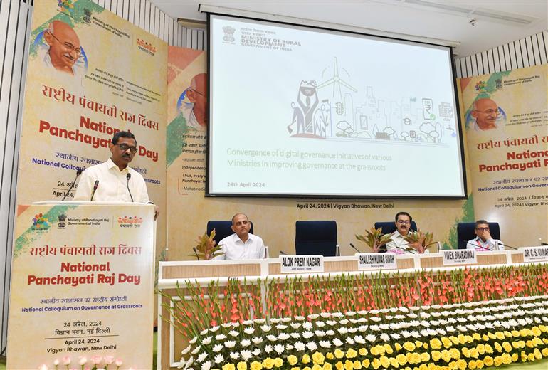 The Secretary, Ministry of Rural Development, Shri Shailesh Kumar Singh  addressing the National Panchayati Raj Day Celebration at Vigyan Bhawan, in New Delhi on April 24, 2024.