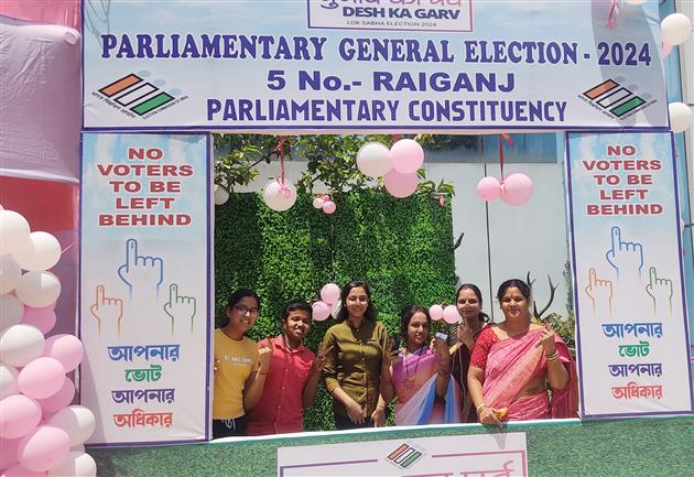 Female voters showing mark of indelible ink after casting their votes during the IInd Phase of General Elections-2024 at Raiganj, in West Bengal on April 26, 2024.