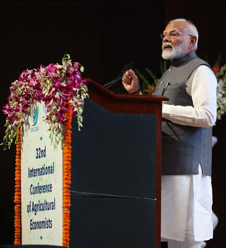 PM addressing at the inauguration of the 32nd International Conference of Agricultural Economists (ICAE) at National Agricultural Science Centre (NASC) Complex, in New Delhi on August 03, 2024.