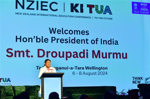 The President of India, Smt Droupadi Murmu addressing the New Zealand International Education Conference (NZIEC) at Wellington, in New Zealand on August 08, 2024.