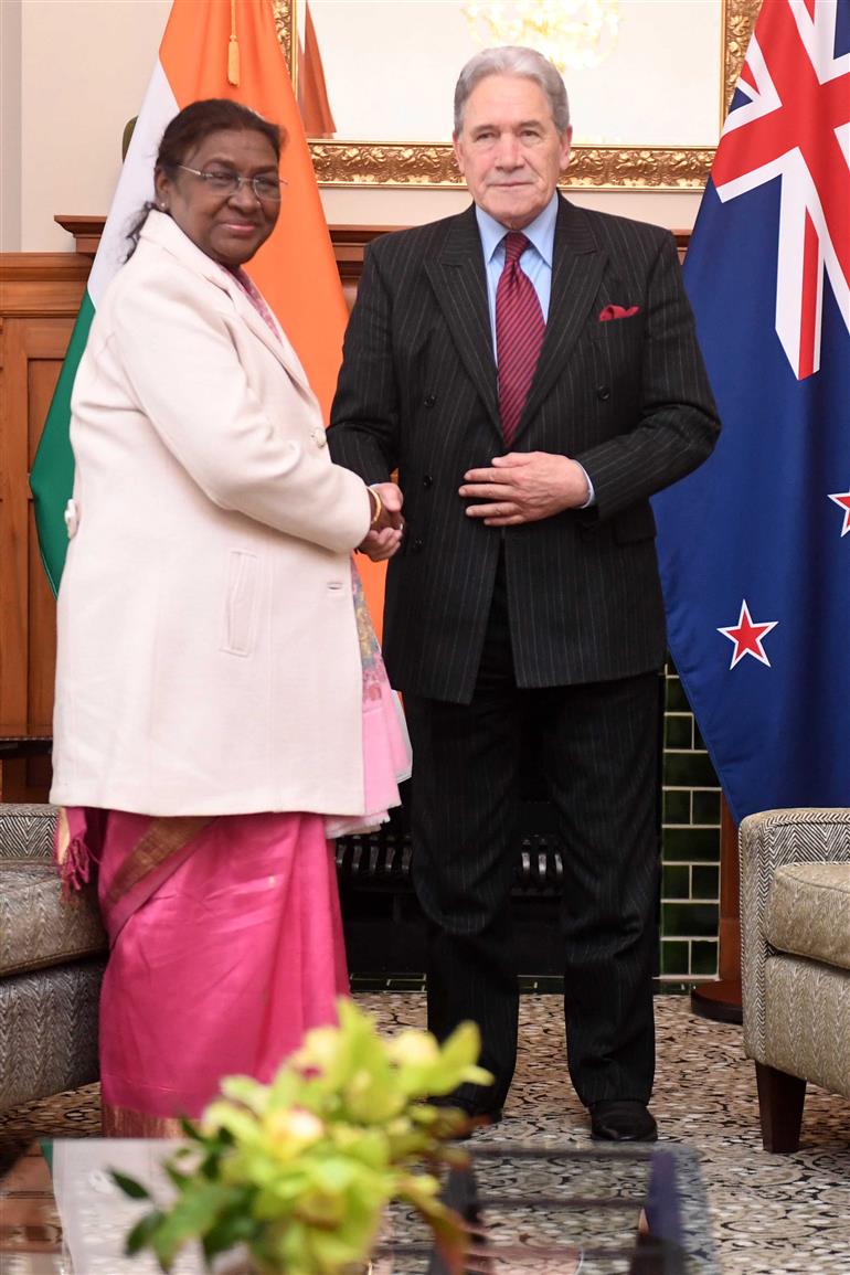 The Deputy Prime Minister and Foreign Minister of New Zealand, Mr. Winston Peters called on the President of India, Smt. Droupadi Murmu on the sidelines of the progress in bilateral relations and deliberated upon ways of enhancing cooperation in several areas at Wellington, in New Zealand on August 08, 2024.