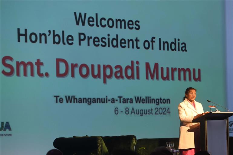 The President of India, Smt Droupadi Murmu addressing the New Zealand International Education Conference (NZIEC) at Wellington, in New Zealand on August 08, 2024.