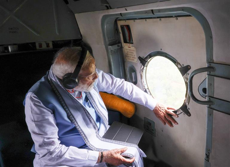 PM conducts aerial survey of landslide affected areas at Wayanad, in Kerala on August 10, 2024.