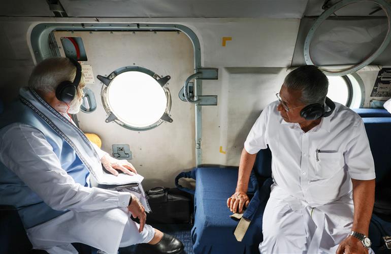 PM conducts aerial survey of landslide affected areas at Wayanad, in Kerala on August 10, 2024.
