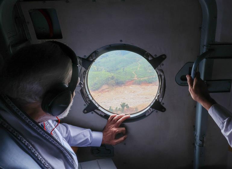 PM conducts aerial survey of landslide affected areas at Wayanad, in Kerala on August 10, 2024.
