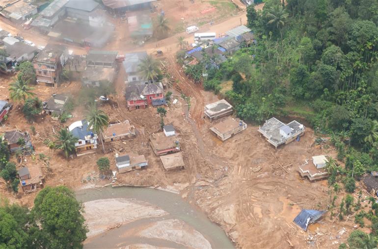 PM conducts aerial survey of landslide affected areas at Wayanad, in Kerala on August 10, 2024.
