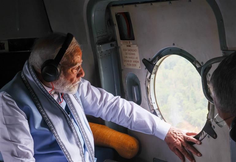 PM conducts aerial survey of landslide affected areas at Wayanad, in Kerala on August 10, 2024.
