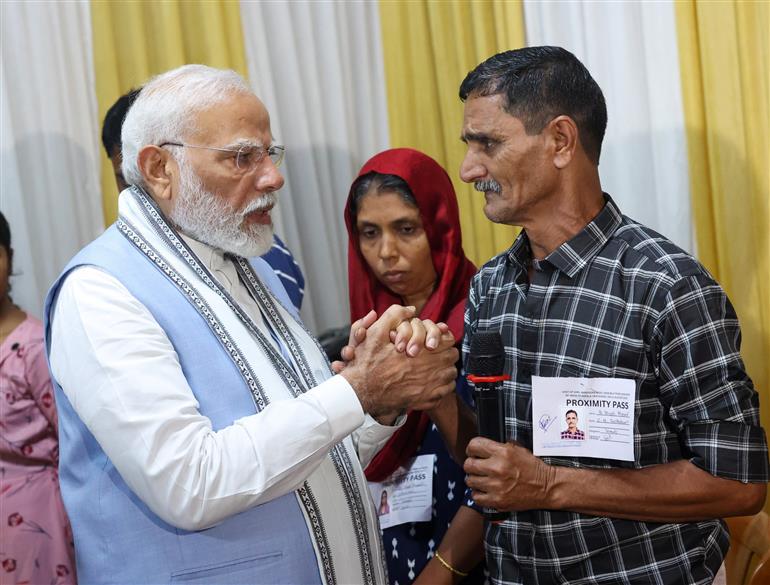 PM meets the victims and survivors of Wayanad landslide at relief camp, Wayanad, in Kerala on August 10, 2024.