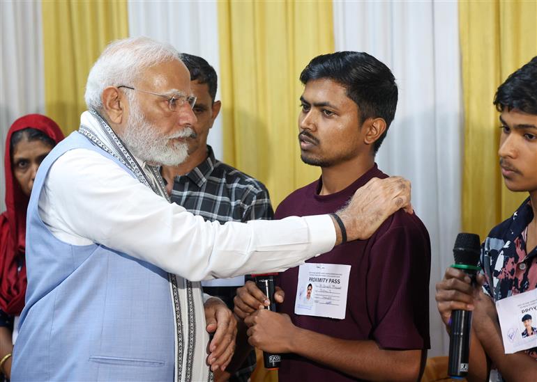 PM meets the victims and survivors of Wayanad landslide at relief camp, Wayanad, in Kerala on August 10, 2024.