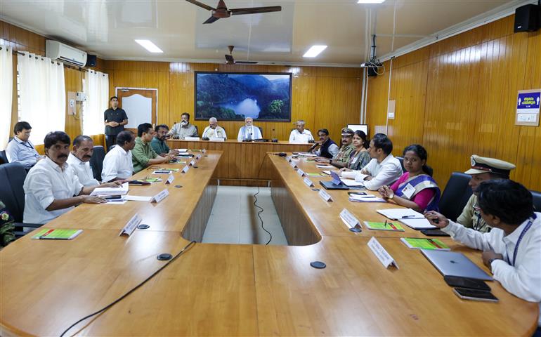 PM holds a review meeting regarding the landslide affected areas at Wayanad, in Kerala on August 10, 2024.