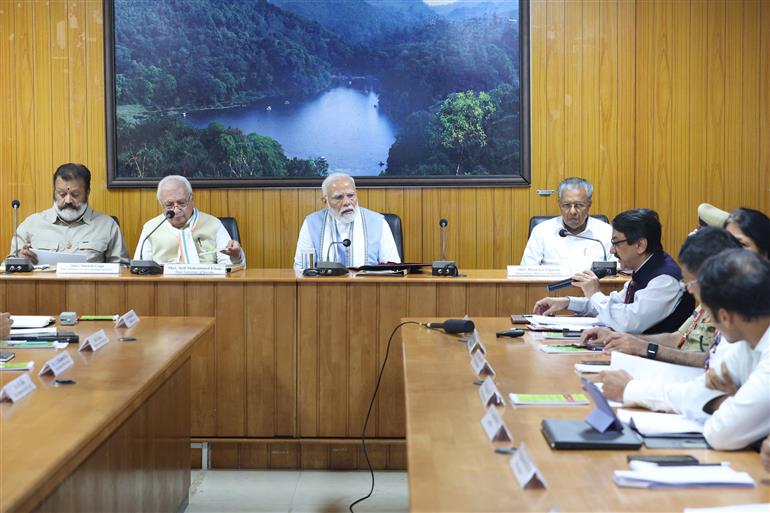 PM holds a review meeting regarding the landslide affected areas at Wayanad, in Kerala on August 10, 2024.