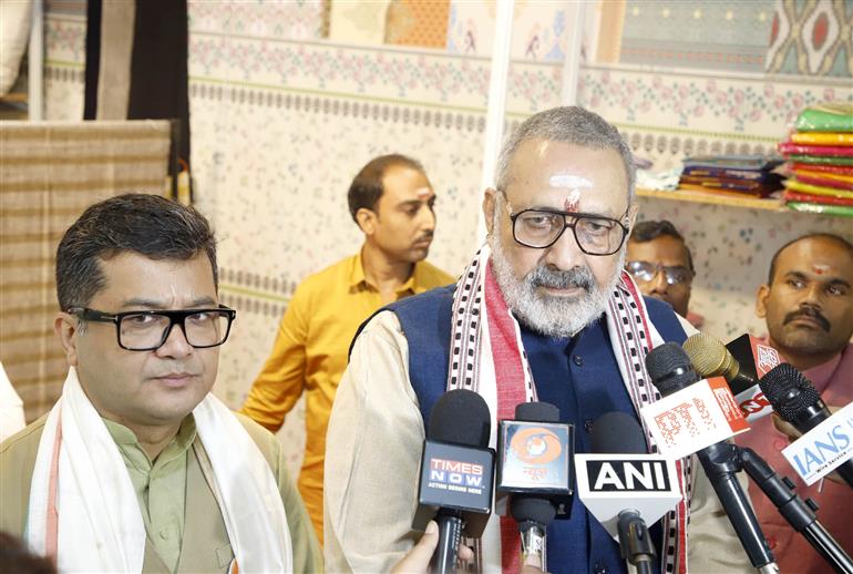 The Union Minister of Textiles, Shri Giriraj Singh interacting with media during the exclusive ‘Handloom Expo’ organized as part of the 10th National Handloom Day celebrations at Handloom Haat, in New Delhi on August 12, 2024.