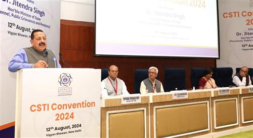 The Minister of State for Science & Technology (Independent Charge), Earth Sciences (Independent Charge), Prime Minister’s Office, Personnel, Public Grievances & Pensions, Atomic Energy and Space, Dr. Jitendra Singh addressing at the CSTI Convention 2024 at Vigyan Bhawan, in New Delhi on August 12, 2024.